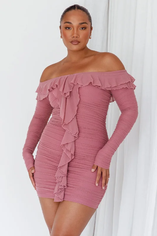 Confession Off-Shoulder Long Sleeve Mini Dress Mauve