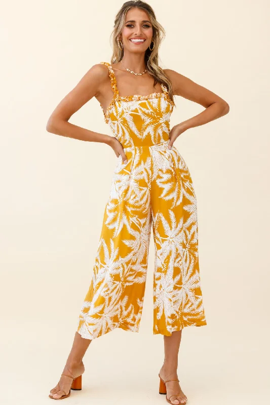 Magdalene Frill Strap Midi Jumpsuit Palm Print Yellow