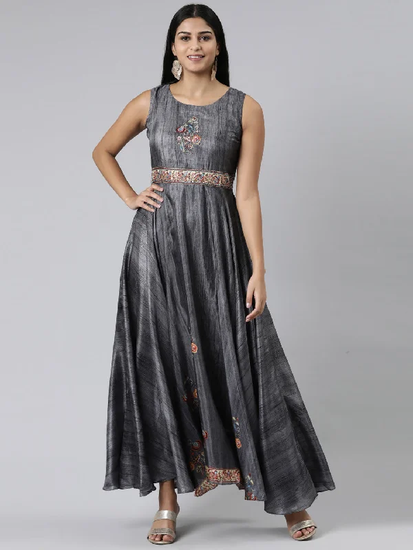 Neeru's Grey Curved Casual Embroidered Maxi Dress