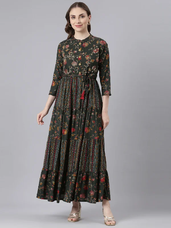 Neerus Olive Viscose Rayon Straight Casual Floral Maxi Dresses