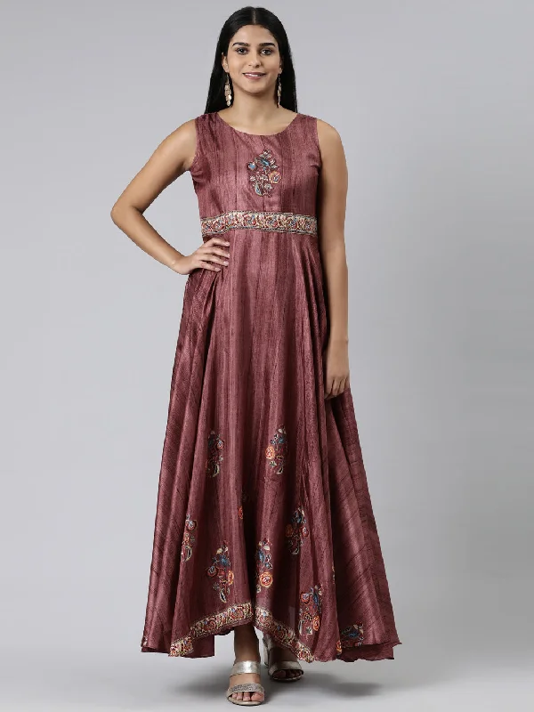 Neeru's Pink Curved Casual Embroidered Maxi Dress