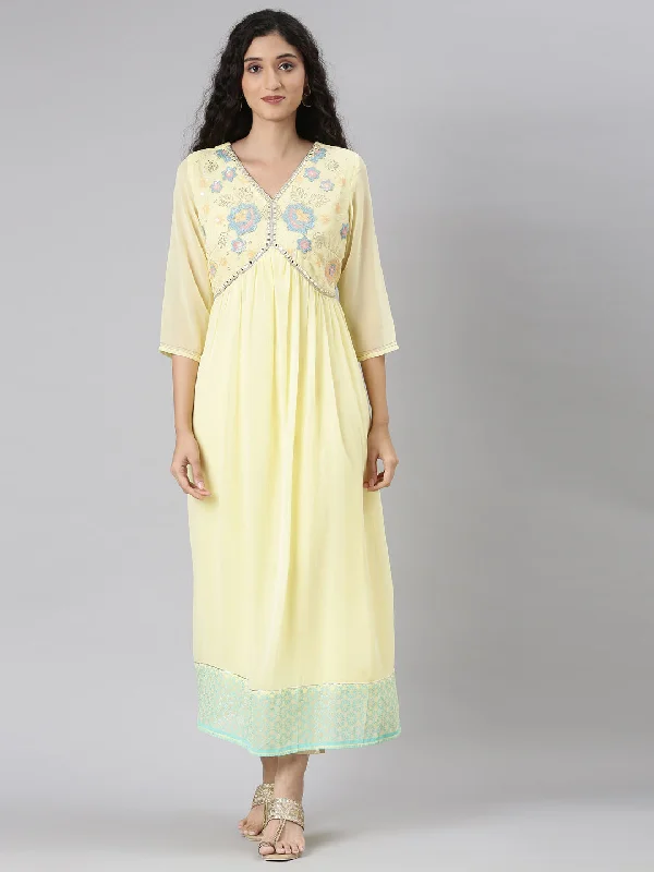 Neerus Yellow Straight Casual Floral Maxi Dresses