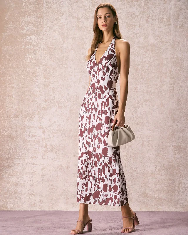 The Coffee V Neck Floral Backless Maxi Dress